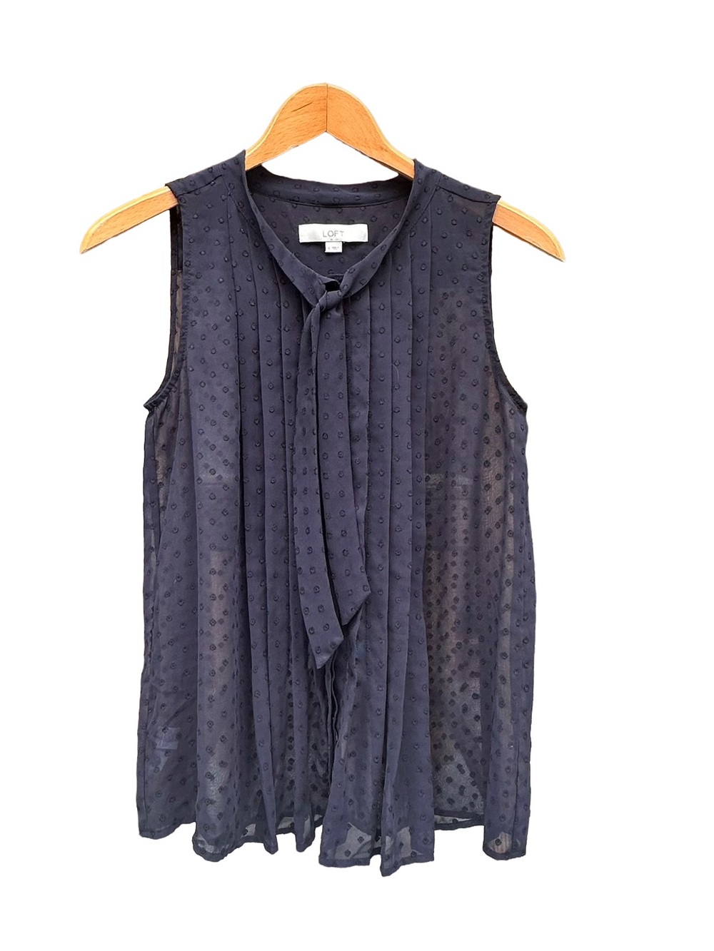 LOFT Sheer Dot Blouse Sleeveless Pleats Tie Neck S Small Very Dark Navy Blue